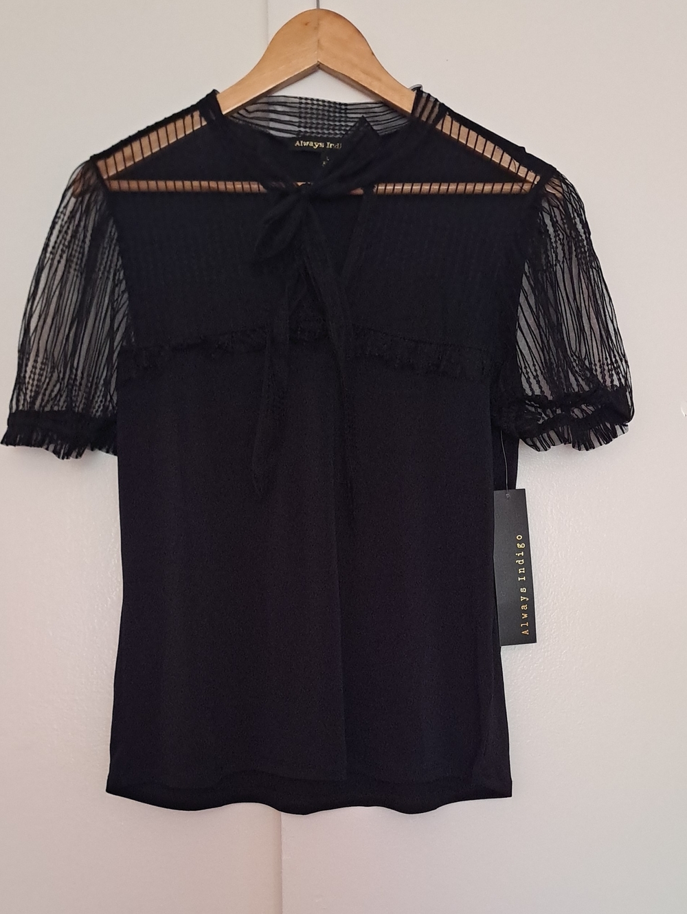 Always Indigo, Black  Sheer Puff Sleeve Tie-Front Blouse
